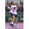 Croatia's Goran Ivanisevic and Ivan Ljubicic celebrate the victory in doubles against James Blake and Mardy Fish of the United States during the first round of tennis Davis Cup tournament held in capital Zagreb on Saturday Feb. 8,2003. The Croatian double's team won 3-6, 4-6, 7-6, 6-4, 6-4 , and result after the second day is 2-1 for Croatia.(AP Photo/Darko Bandic) 