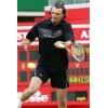Goran Ivanisevic of Croatia plays a return to John McEnroe of the US during the Stella Artois challenge match at Queen's Club in London, Sunday, June 12, 2005. (AP Photo/Sang Tan)