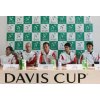 Croatia Davis Cup players (L-R) Goran Ivanisevic, Ivan Ljubicic, team captain Nikola Pilic, Mario Ancic and Ivo Karlovic listen to journalist\'s questions during a news conference at Bratislava Castle, December 1, 2005. Croatia faces Slovakia in the Davis Cup finals. REUTERS/Petr Josek 