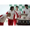 Croatia\'s Tennis Davis Cup team players Ivan Ljubicic, left, Goran Ivanisevic, second left, Mario Ancic, center, and Ivo Karlovic, right, inspect the trophy after the draw for the Davis Fup finals, in Bratislava, Slovak Republic, on Thursday, Dec. 1, 2005. Slovakia and Croatia, both first-time finalists, will play their matches from Dec. 2 to 4, 2005, (AP Photo/Darko Bandic) 