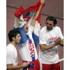 Croatia\'s Davis Cup team members Mario Ancic, left, Goran Ivanisevic, right and Ivan Ljubicic celebrate after defeating Slovakia in their Davis Cup final match in Bratislava, Slovakia, Sunday, Dec. 4, 2005. (AP Photo/Darko Bandic) 