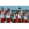 Croatia\'s Davis Cup team with Ivo Karlovic, Mario Ancic, Goran Ivanisevic, Ivan Ljubicic and captain Nikola Pilic, from left to right, celebrate with theirDavis Cup trophy after defeating Slovakia in the Davis Cup final matches in Bratislava, Slovakia, Sunday, Dec. 4, 2005. (AP Photo/Anja Niedringhaus)