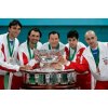 Team Croatia Ivo Karlovic, Goran Ivanisevic, captain Nikola Pilic, Mario Ancic and Ivan Ljubicic (L-R) pose for photographers behind the Davis Cup trophy at the end of the finals in the Slovak capital of Bratislava December 4, 2005. Mario Ancic of Croatia defeated Slovakia's Michal Mertinak in three sets 7-6 6-3 6-4 to give Croatia the 3-2 victory. REUTERS/Nikola Solic