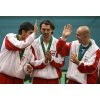 Croatia\'s Davis Cup team members Mario Ancic, Goran Ivanisevic and Ivan Ljubicic, from left to right, celebrate after winning the Davis Cup final in Bratislava, Slovakia, Sunday, Dec. 4, 2005. (AP Photo/Anja Niedringhaus) 