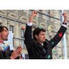 Croatian tennis player Mario Ancic, right, celebrates as teammate Goran Ivanisevic looks on, in front of tens of thousands of fans gathered at the welcome ceremony in Zagreb, Croatia, Monday, Dec. 5, 2005. Croatia\'s tennis team returned to a rapturous welcome Monday after winning the Davis Cup, one of nation\'s biggest sports achivements since gaining independence 13 years ago. (AP Photo/Filip Horvat) 