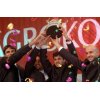 Davis Cup winners Ivo Karlovic, Goran Ivanisevic, Mario Ancic and Ivan Ljubicic (L-R) hold a trophy upon their arrival in Zagreb, December 5 2005. Thousands of Croats braved drizzle on Monday to meet on the capital\'s main square and give an ecstatic welcome to their Davis Cup champions. Croatia beat Slovakia 3-2 in Bratislava at the weekend to win the Davis Cup for the first time. They are only the 12th nation to win the title in more than 100 years of the competition\'s history. REUTERS/ Davor Kovacevic 